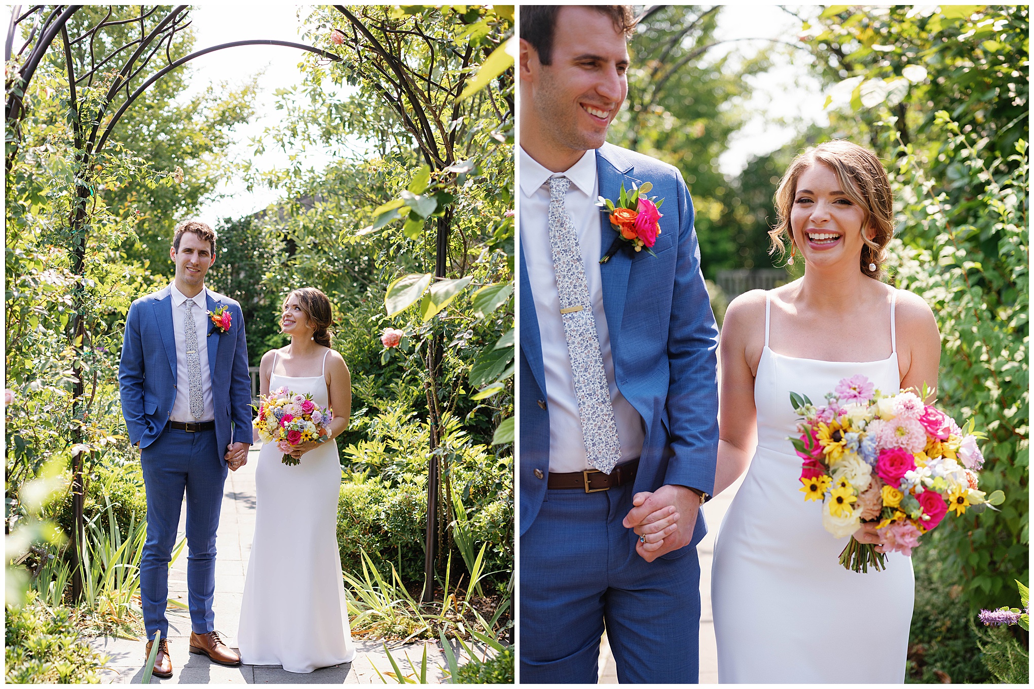 Couple standing together under a garden archway.