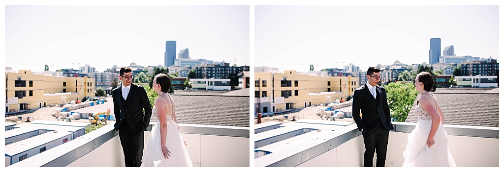 rooftop, first look, offbeat bride, seattle aquarium, aquarium wedding, seattle engagement, seattle bride, seattle groom, julia kinnunen photography, destination wedding, seattle wedding, wedding photography, newlyweds, diy wedding, flying anchor event design, seattle bride magazine, urban wedding, evening wedding