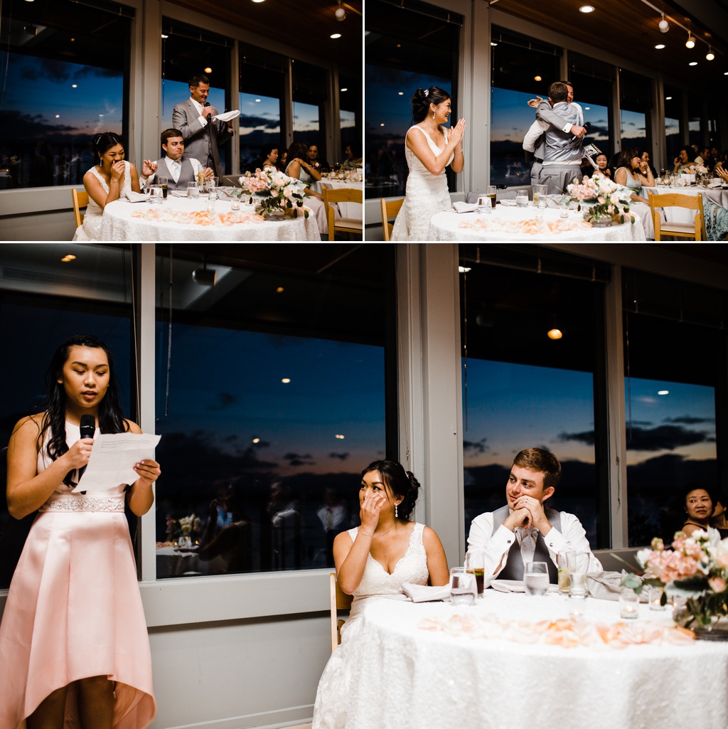 julia kinnunen photography, ballard bay club, seattle wedding, wedding photography, family, bride, groom, reception, toasts