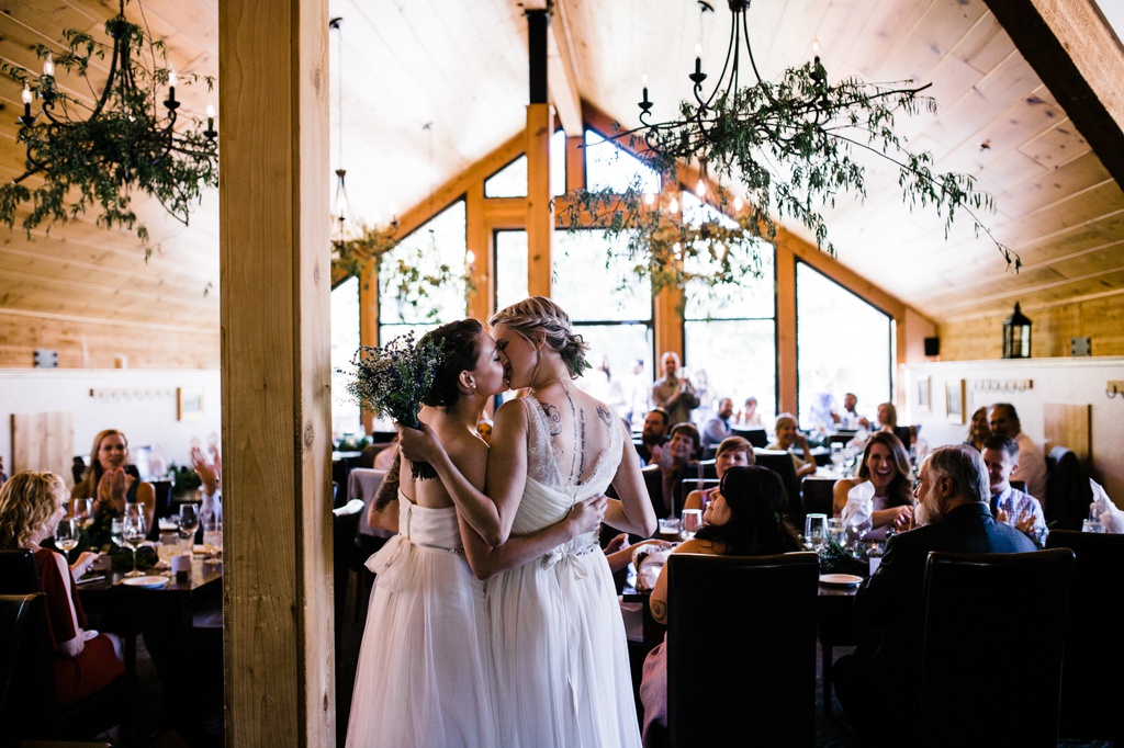 lesbian wedding, offbeat bride, lgbt wedding, gay wedding, two brides, silverpick lodge, durango, julia kinnunen photography, destination wedding, colorado wedding, seattle wedding, wedding photography, bride, newlyweds, wives, sows ear, reception, dinner party, details, same sex wedding