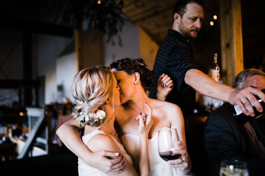 lesbian wedding, offbeat bride, lgbt wedding, gay wedding, two brides, silverpick lodge, durango, julia kinnunen photography, destination wedding, colorado wedding, seattle wedding, wedding photography, bride, newlyweds, wives, sows ear, reception, dinner party, details, same sex wedding