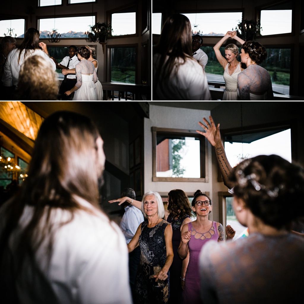 lesbian wedding, offbeat bride, lgbt wedding, gay wedding, two brides, silverpick lodge, durango, julia kinnunen photography, destination wedding, colorado wedding, seattle wedding, wedding photography, bride, newlyweds, wives, sows ear, reception, dance party