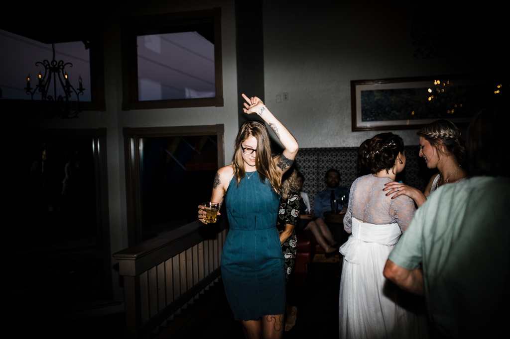 lesbian wedding, offbeat bride, lgbt wedding, gay wedding, two brides, silverpick lodge, durango, julia kinnunen photography, destination wedding, colorado wedding, seattle wedding, wedding photography, bride, newlyweds, wives, sows ear, reception, dance party