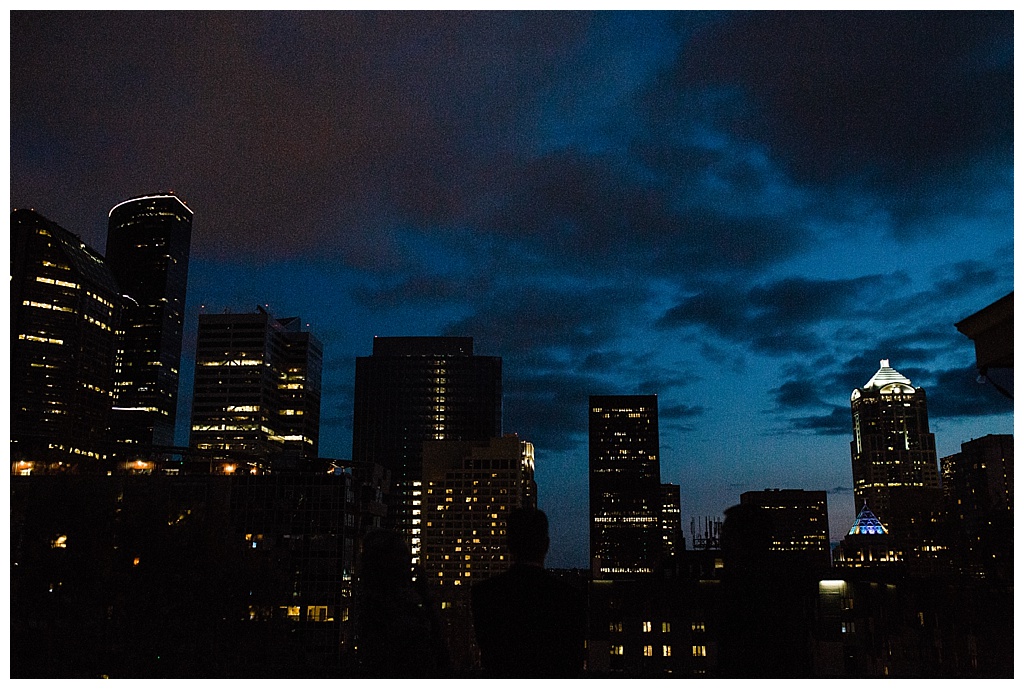 lesbian wedding, offbeat bride, lgbt wedding, gay wedding, two brides, sorrento hotel, boutique hotel wedding, julia kinnunen photography, destination wedding, seattle wedding, wedding photography, bride, newlyweds, same sex wedding, reception, dusk, seattle skyline