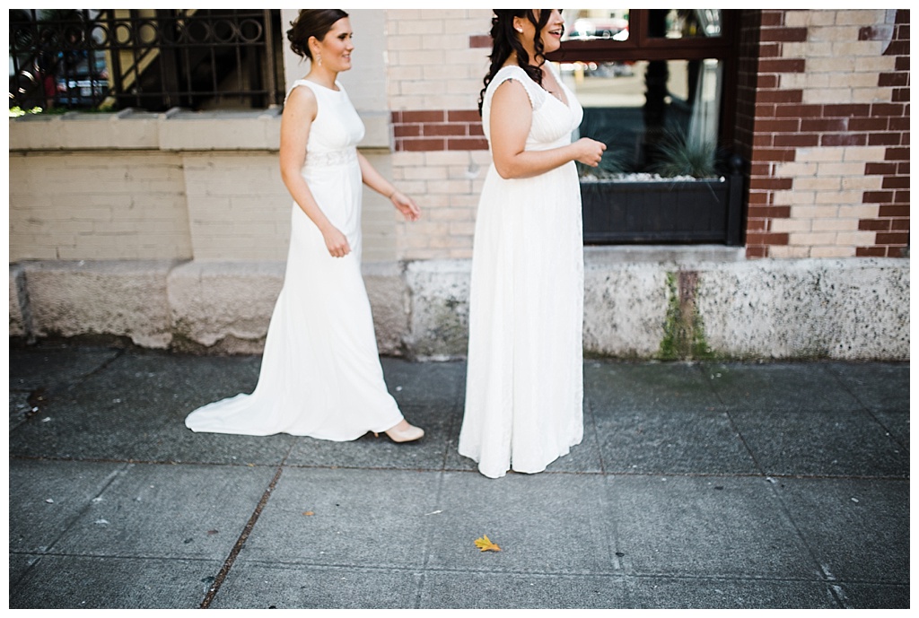 lesbian wedding, offbeat bride, lgbt wedding, gay wedding, two brides, sorrento hotel, boutique hotel wedding, julia kinnunen photography, destination wedding, seattle wedding, wedding photography, bride, newlyweds, same sex wedding, first look, portraits