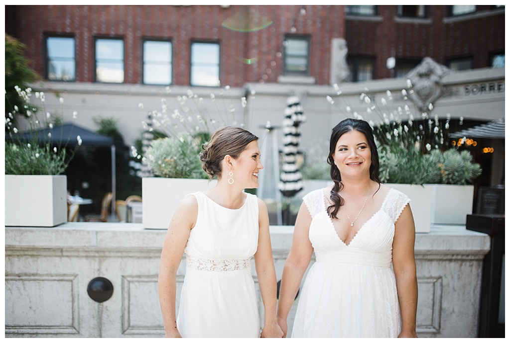 lesbian wedding, offbeat bride, lgbt wedding, gay wedding, two brides, sorrento hotel, boutique hotel wedding, julia kinnunen photography, destination wedding, seattle wedding, wedding photography, bride, newlyweds, same sex wedding, first look, portraits