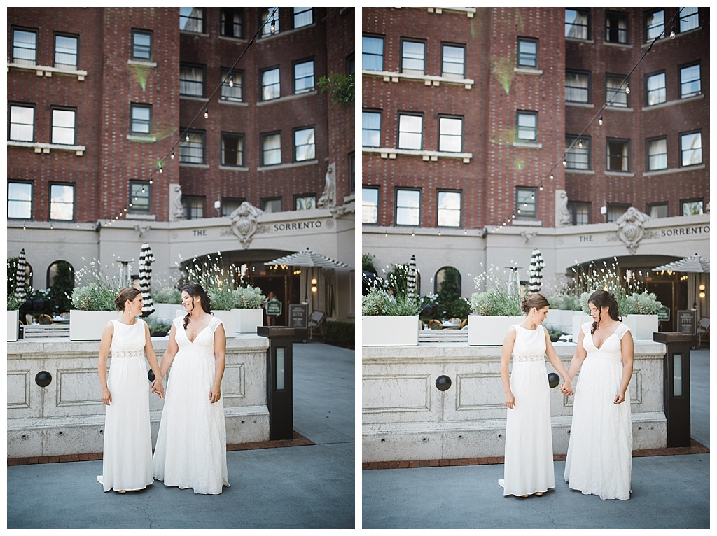 lesbian wedding, offbeat bride, lgbt wedding, gay wedding, two brides, sorrento hotel, boutique hotel wedding, julia kinnunen photography, destination wedding, seattle wedding, wedding photography, bride, newlyweds, same sex wedding, first look, portraits