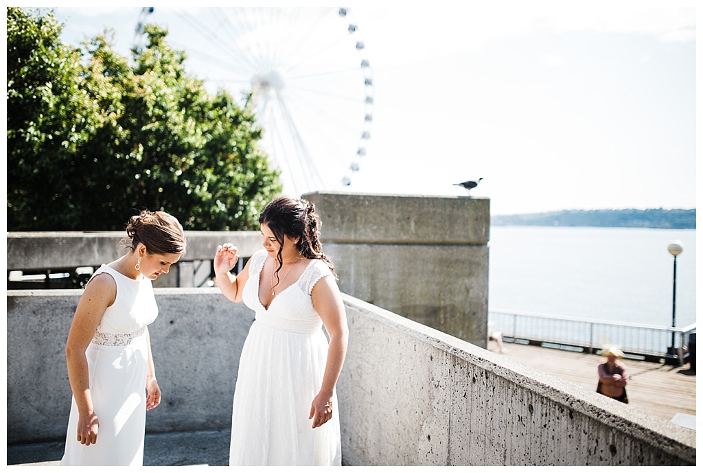 lesbian wedding, offbeat bride, lgbt wedding, gay wedding, two brides, sorrento hotel, boutique hotel wedding, julia kinnunen photography, destination wedding, seattle wedding, wedding photography, bride, newlyweds, same sex wedding, first look, portraits, seattle waterfront, downtown