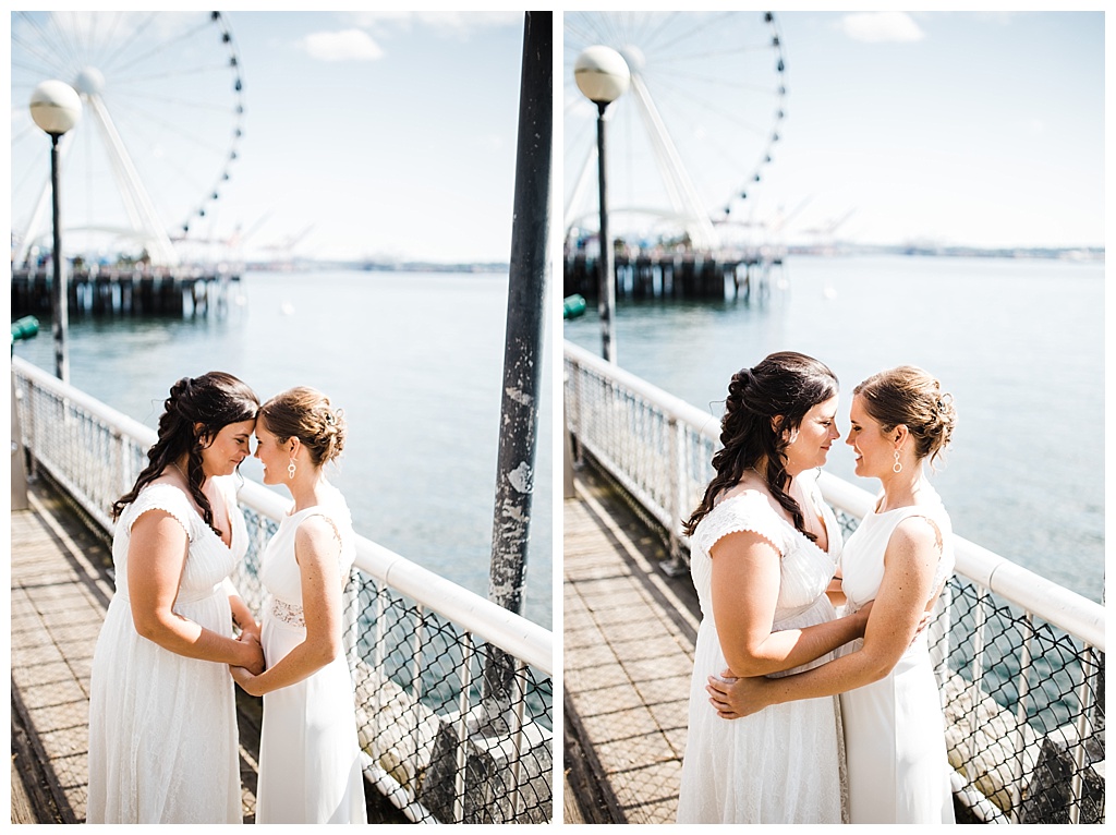 lesbian wedding, offbeat bride, lgbt wedding, gay wedding, two brides, sorrento hotel, boutique hotel wedding, julia kinnunen photography, destination wedding, seattle wedding, wedding photography, bride, newlyweds, same sex wedding, first look, portraits, seattle waterfront, downtown