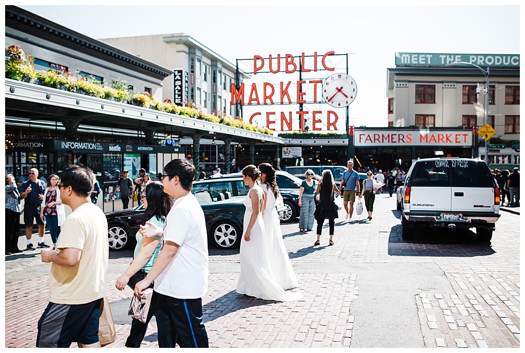 lesbian wedding, offbeat bride, lgbt wedding, gay wedding, two brides, sorrento hotel, boutique hotel wedding, julia kinnunen photography, destination wedding, seattle wedding, wedding photography, bride, newlyweds, same sex wedding, first look, portraits, pike place market