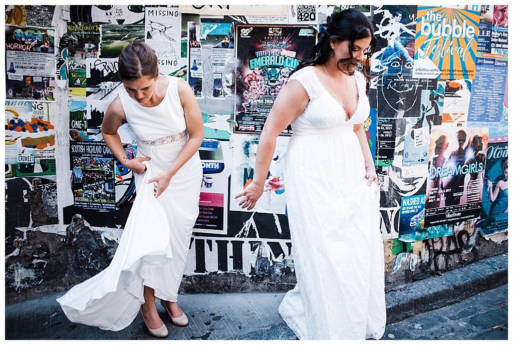 lesbian wedding, offbeat bride, lgbt wedding, gay wedding, two brides, sorrento hotel, boutique hotel wedding, julia kinnunen photography, destination wedding, seattle wedding, wedding photography, bride, newlyweds, same sex wedding, first look, portraits, pike place market