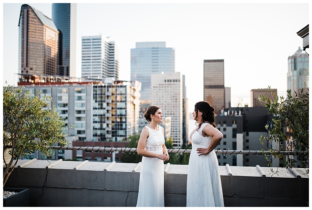 lesbian wedding, offbeat bride, lgbt wedding, gay wedding, two brides, sorrento hotel, boutique hotel wedding, julia kinnunen photography, destination wedding, seattle wedding, wedding photography, bride, newlyweds, same sex wedding, reception, portraits, sunset, rooftop