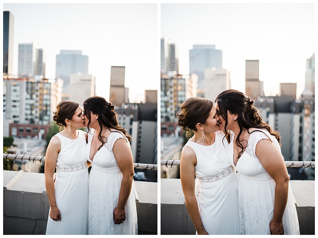 lesbian wedding, offbeat bride, lgbt wedding, gay wedding, two brides, sorrento hotel, boutique hotel wedding, julia kinnunen photography, destination wedding, seattle wedding, wedding photography, bride, newlyweds, same sex wedding, reception, portraits, sunset, rooftop