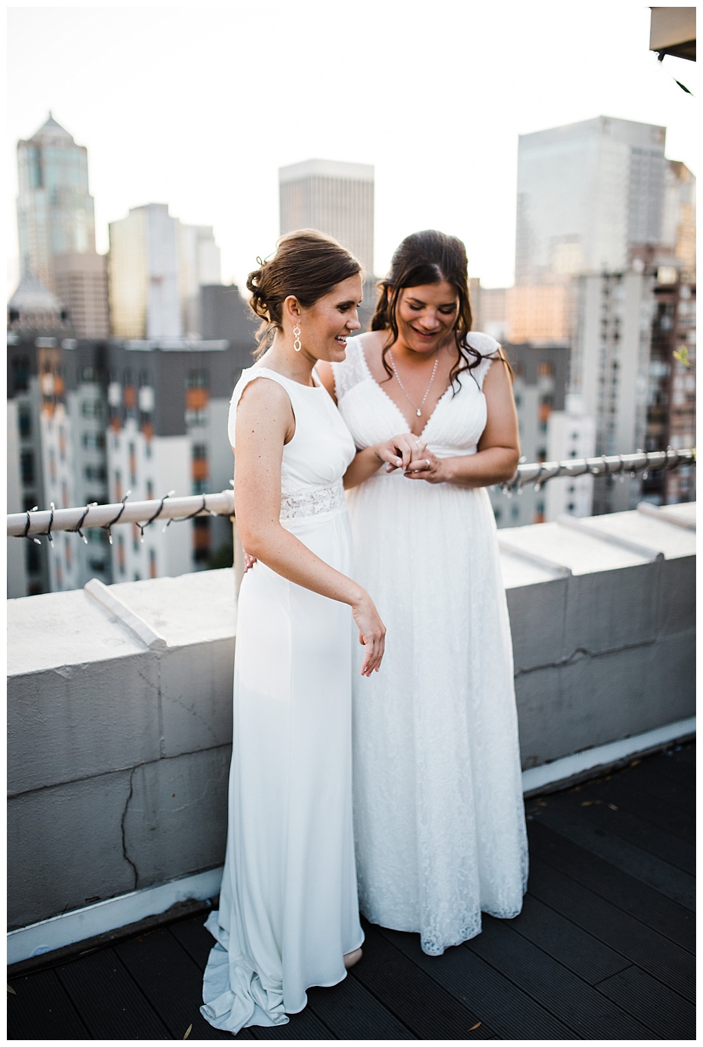 lesbian wedding, offbeat bride, lgbt wedding, gay wedding, two brides, sorrento hotel, boutique hotel wedding, julia kinnunen photography, destination wedding, seattle wedding, wedding photography, bride, newlyweds, same sex wedding, reception, portraits, sunset, rooftop