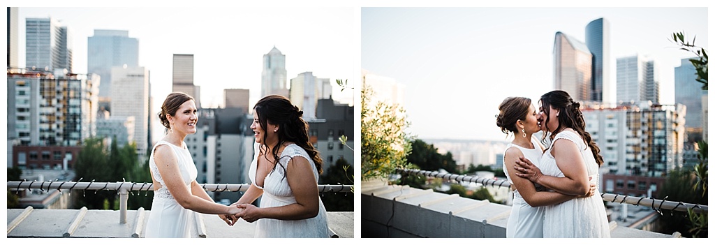 lesbian wedding, offbeat bride, lgbt wedding, gay wedding, two brides, sorrento hotel, boutique hotel wedding, julia kinnunen photography, destination wedding, seattle wedding, wedding photography, bride, newlyweds, same sex wedding, reception, portraits, sunset, rooftop