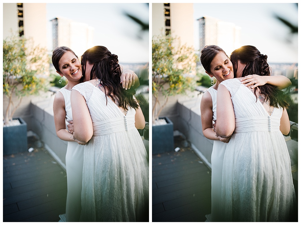 lesbian wedding, offbeat bride, lgbt wedding, gay wedding, two brides, sorrento hotel, boutique hotel wedding, julia kinnunen photography, destination wedding, seattle wedding, wedding photography, bride, newlyweds, same sex wedding, reception, portraits, sunset, rooftop