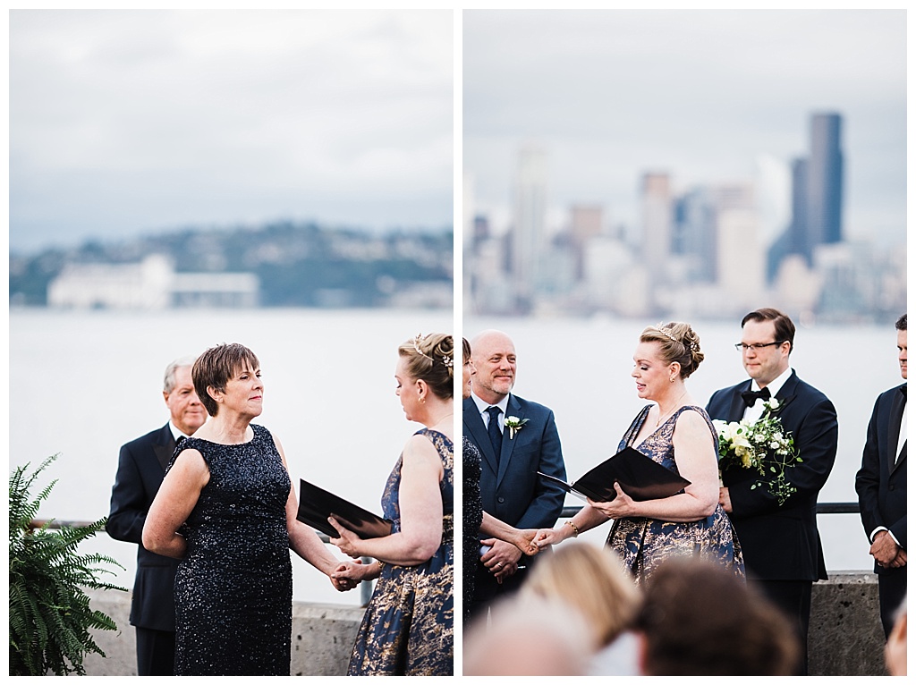 lesbian wedding, offbeat bride, lgbt wedding, gay wedding, two brides, alki beach, salty's on alki wedding, julia kinnunen photography, destination wedding, seattle wedding, wedding photography, bride, newlyweds, same sex wedding, ceremony, wedding with a view