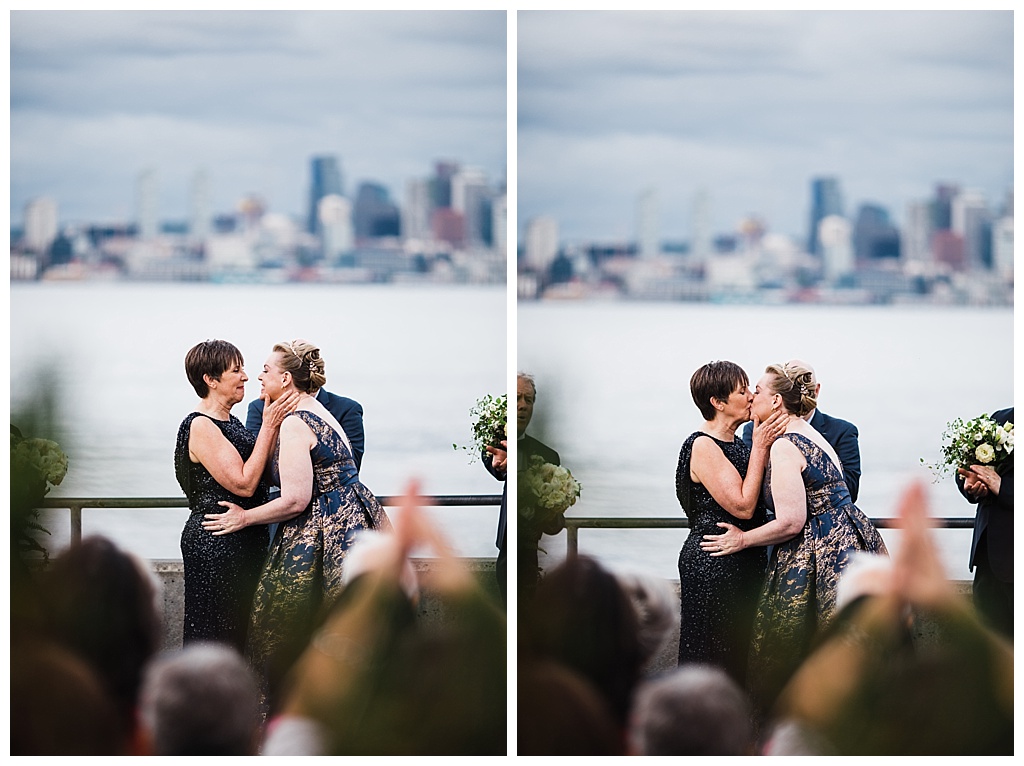 lesbian wedding, offbeat bride, lgbt wedding, gay wedding, two brides, alki beach, salty's on alki wedding, julia kinnunen photography, destination wedding, seattle wedding, wedding photography, bride, newlyweds, same sex wedding, ceremony, wedding with a view