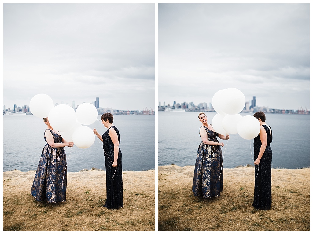 lesbian wedding, offbeat bride, lgbt wedding, gay wedding, two brides, alki beach, salty's on alki wedding, julia kinnunen photography, destination wedding, seattle wedding, wedding photography, bride, newlyweds, same sex wedding, first look, portraits, balloon reveal