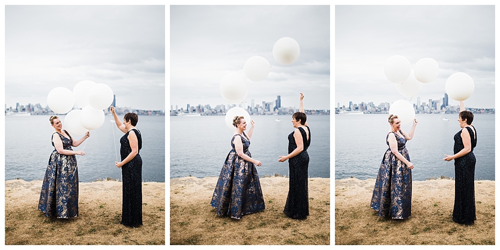 lesbian wedding, offbeat bride, lgbt wedding, gay wedding, two brides, alki beach, salty's on alki wedding, julia kinnunen photography, destination wedding, seattle wedding, wedding photography, bride, newlyweds, same sex wedding, first look, portraits, balloon reveal