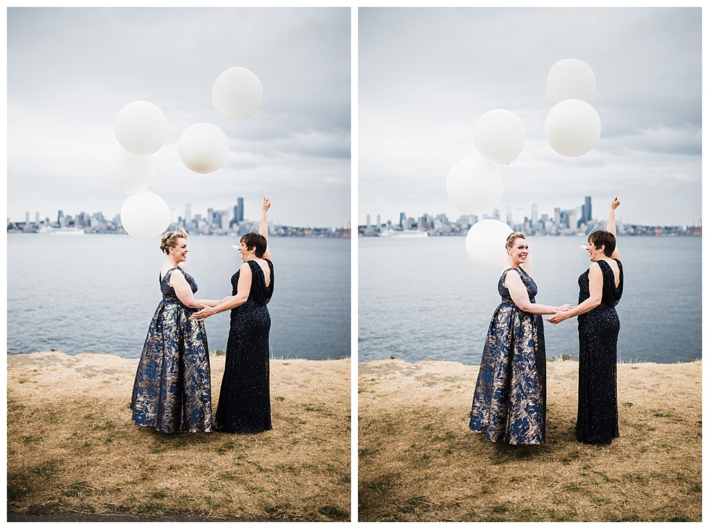 lesbian wedding, offbeat bride, lgbt wedding, gay wedding, two brides, alki beach, salty's on alki wedding, julia kinnunen photography, destination wedding, seattle wedding, wedding photography, bride, newlyweds, same sex wedding, first look, portraits, balloon reveal