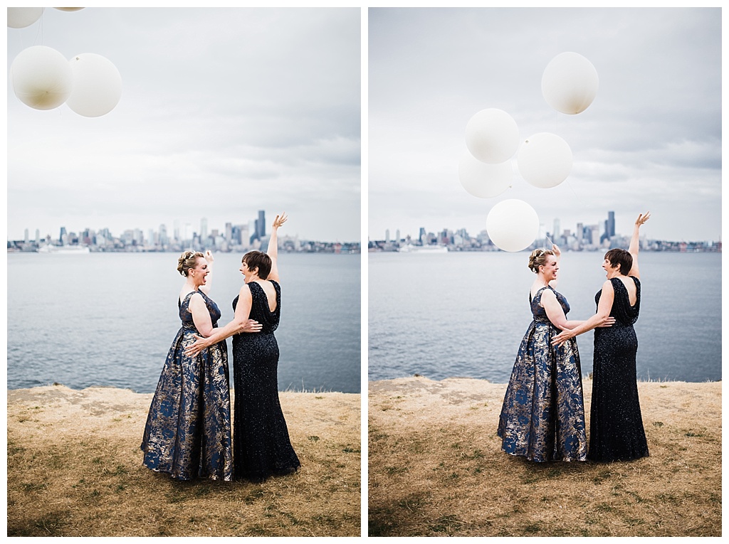 lesbian wedding, offbeat bride, lgbt wedding, gay wedding, two brides, alki beach, salty's on alki wedding, julia kinnunen photography, destination wedding, seattle wedding, wedding photography, bride, newlyweds, same sex wedding, first look, portraits, balloon reveal