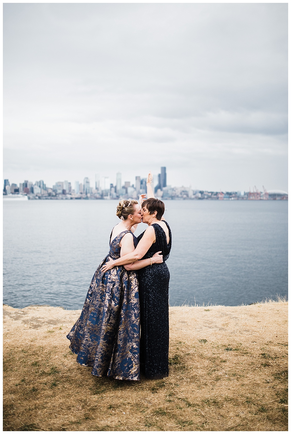 lesbian wedding, offbeat bride, lgbt wedding, gay wedding, two brides, alki beach, salty's on alki wedding, julia kinnunen photography, destination wedding, seattle wedding, wedding photography, bride, newlyweds, same sex wedding, first look, portraits, balloon reveal