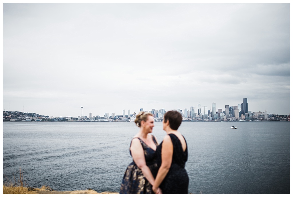 lesbian wedding, offbeat bride, lgbt wedding, gay wedding, two brides, alki beach, salty's on alki wedding, julia kinnunen photography, destination wedding, seattle wedding, wedding photography, bride, newlyweds, same sex wedding, first look, portraits, balloon reveal