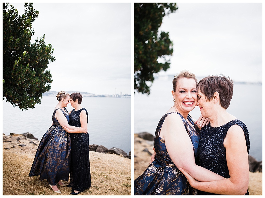 lesbian wedding, offbeat bride, lgbt wedding, gay wedding, two brides, alki beach, salty's on alki wedding, julia kinnunen photography, destination wedding, seattle wedding, wedding photography, bride, newlyweds, same sex wedding, first look, portraits