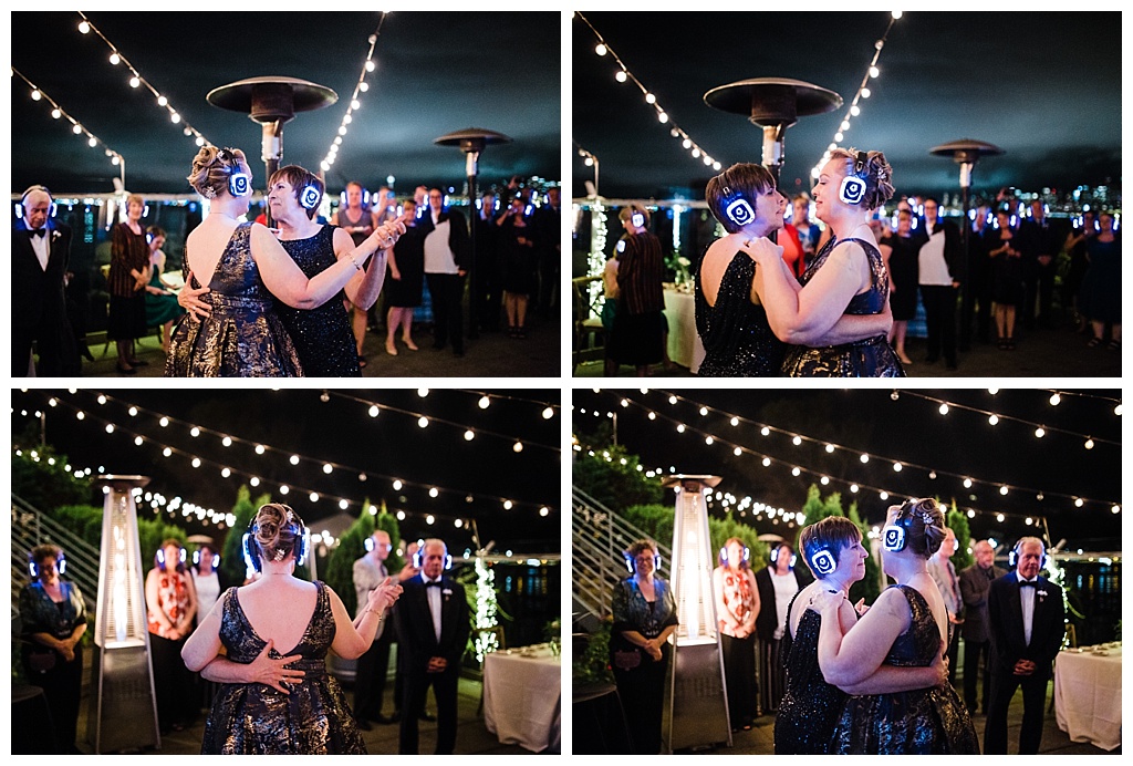 lesbian wedding, offbeat bride, lgbt wedding, gay wedding, two brides, alki beach, salty's on alki wedding, julia kinnunen photography, destination wedding, seattle wedding, wedding photography, bride, newlyweds, same sex wedding, reception, silent disco, first dance