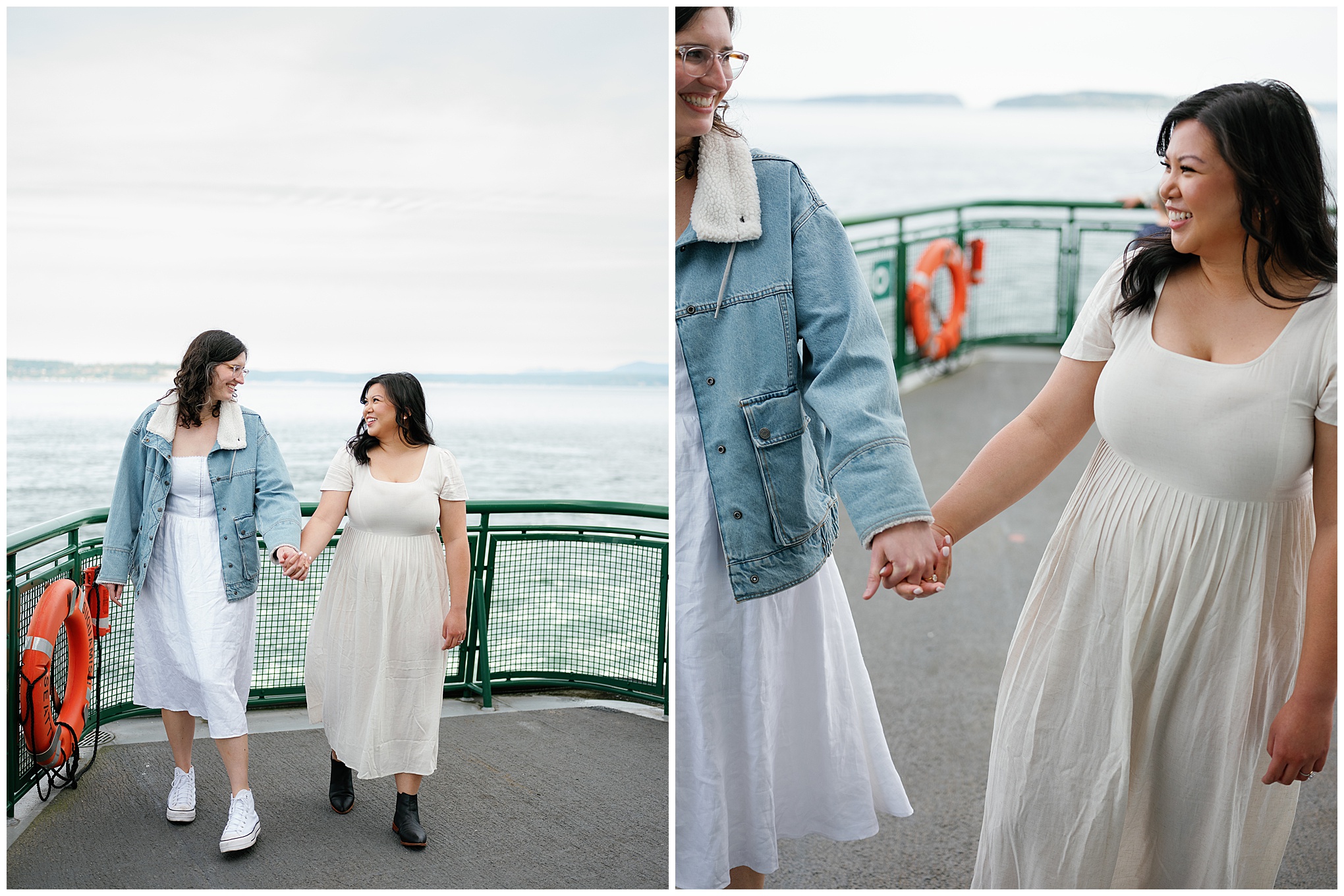 Carli and Erin holding hands and walking on the ferryboat deck.