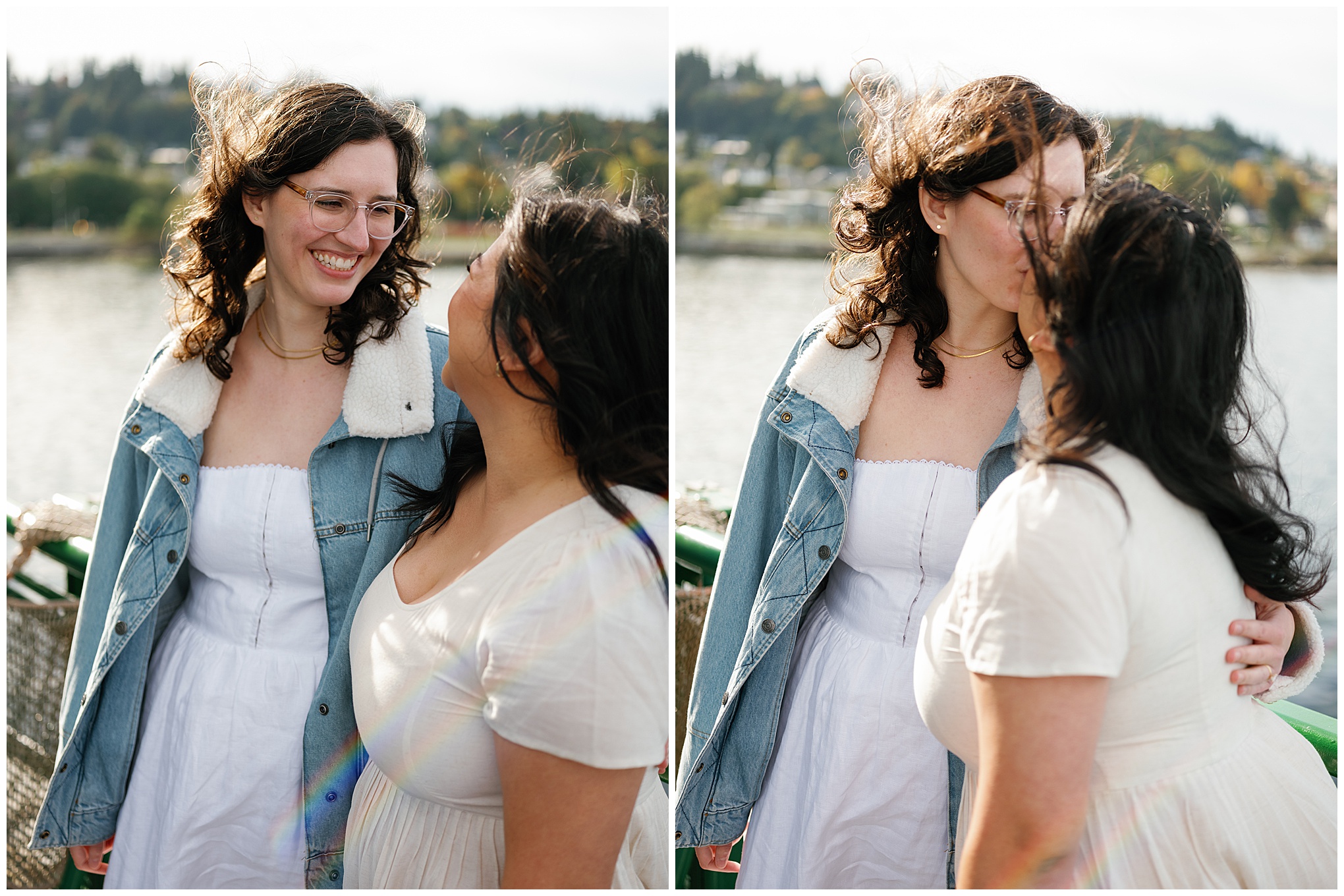 Carli and Erin laughing and kissing on the ferryboat.