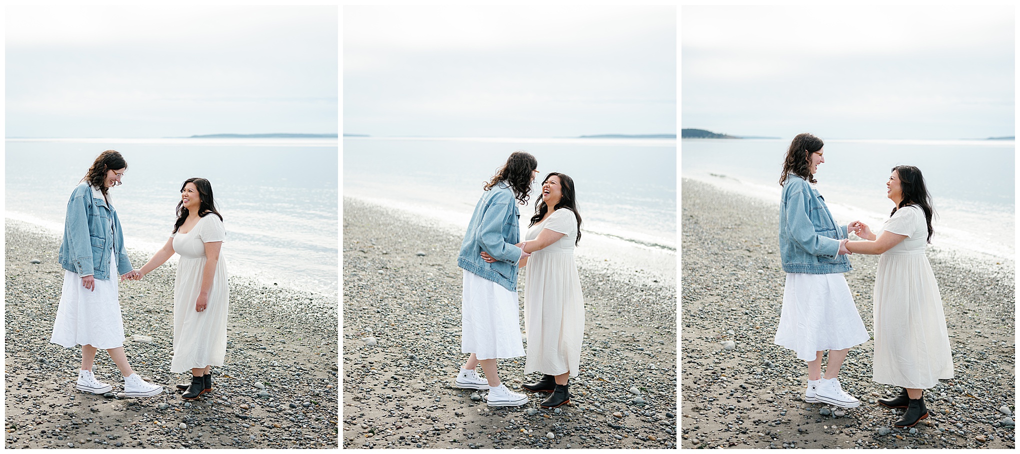 Carli and Erin holding hands and smiling on the beach at Ebey’s Landing.