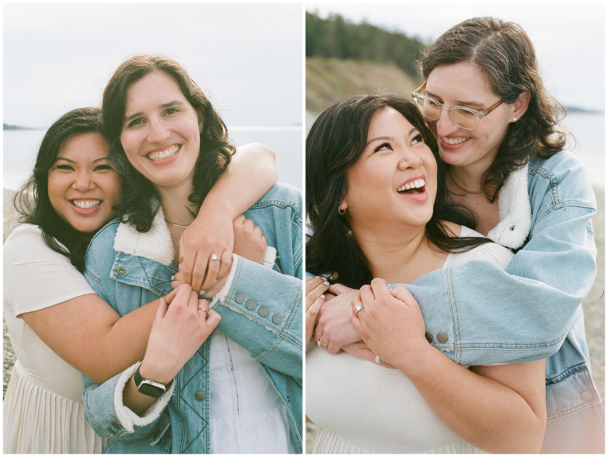 Carli and Erin hugging and laughing on the beach at Ebey’s Landing.