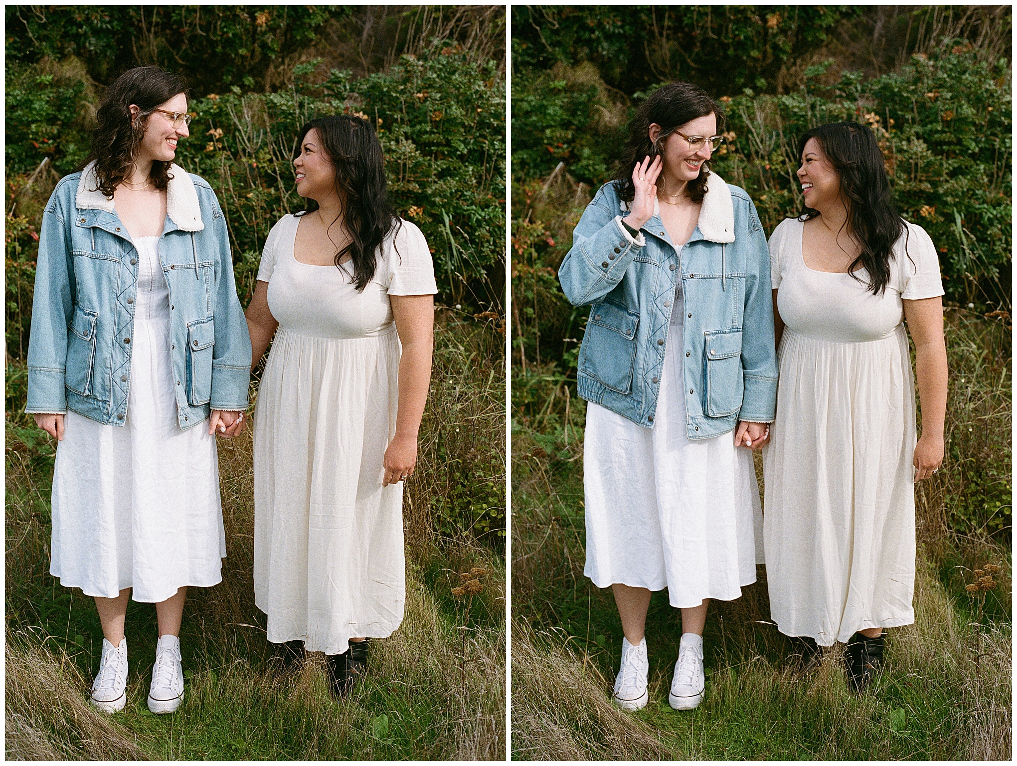 Carli and Erin holding hands and smiling at each other in a lush green area.