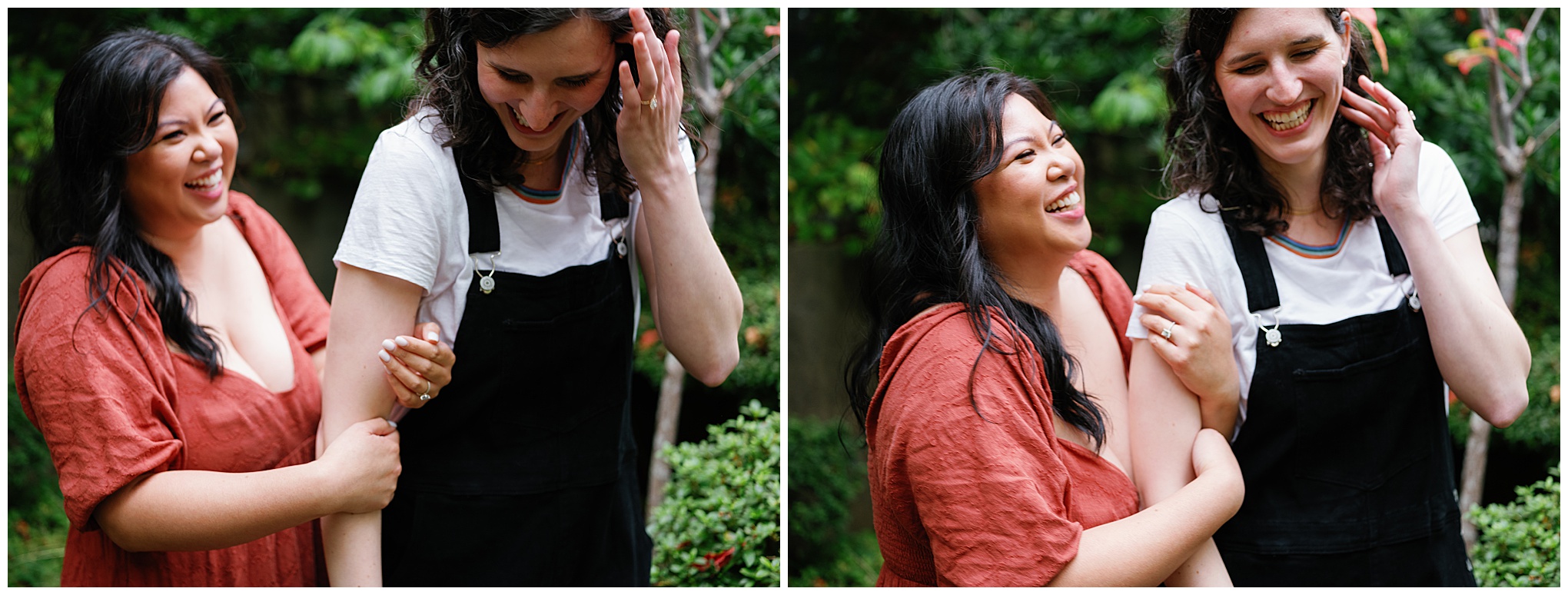 Carli and Erin laughing together in a garden.