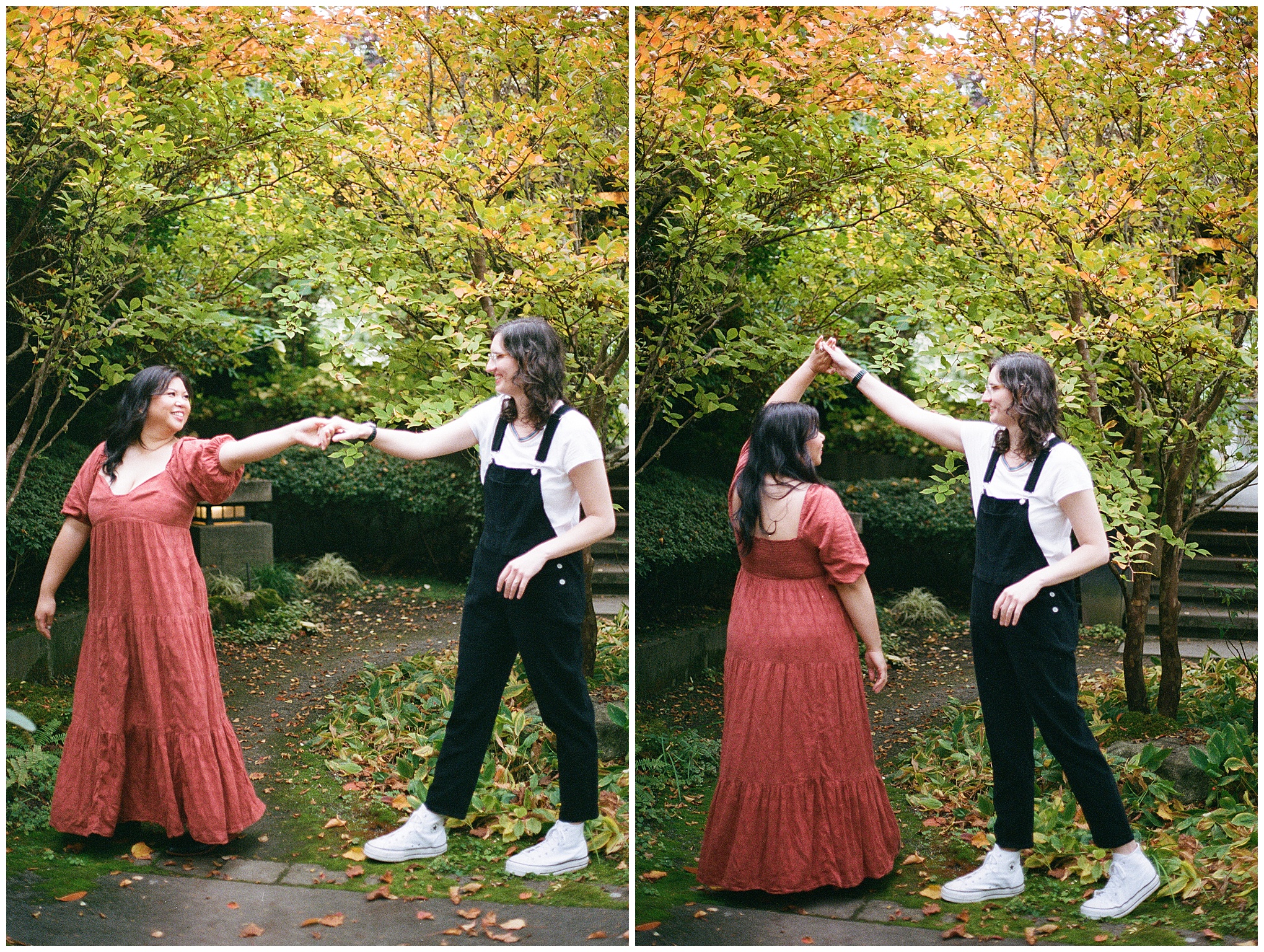 Carli and Erin dancing together under autumn leaves.