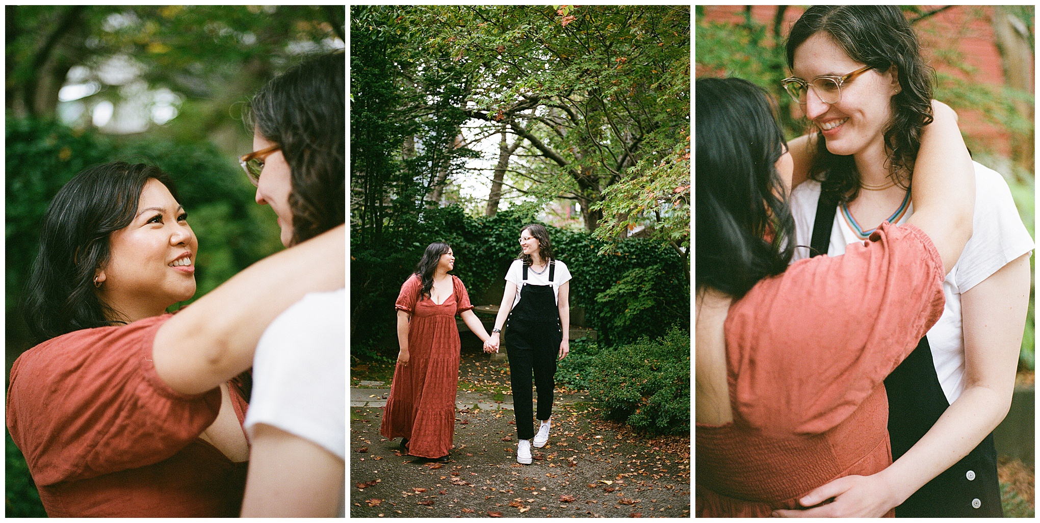 Carli and Erin share a tender moment, walking hand-in-hand through a garden.