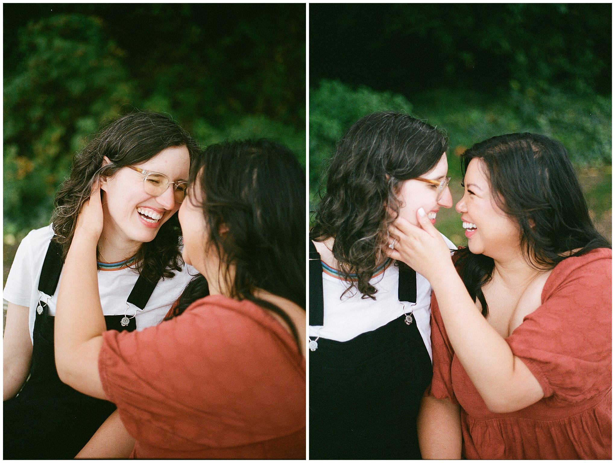 Carli and Erin laugh and hold each other close by the beach.