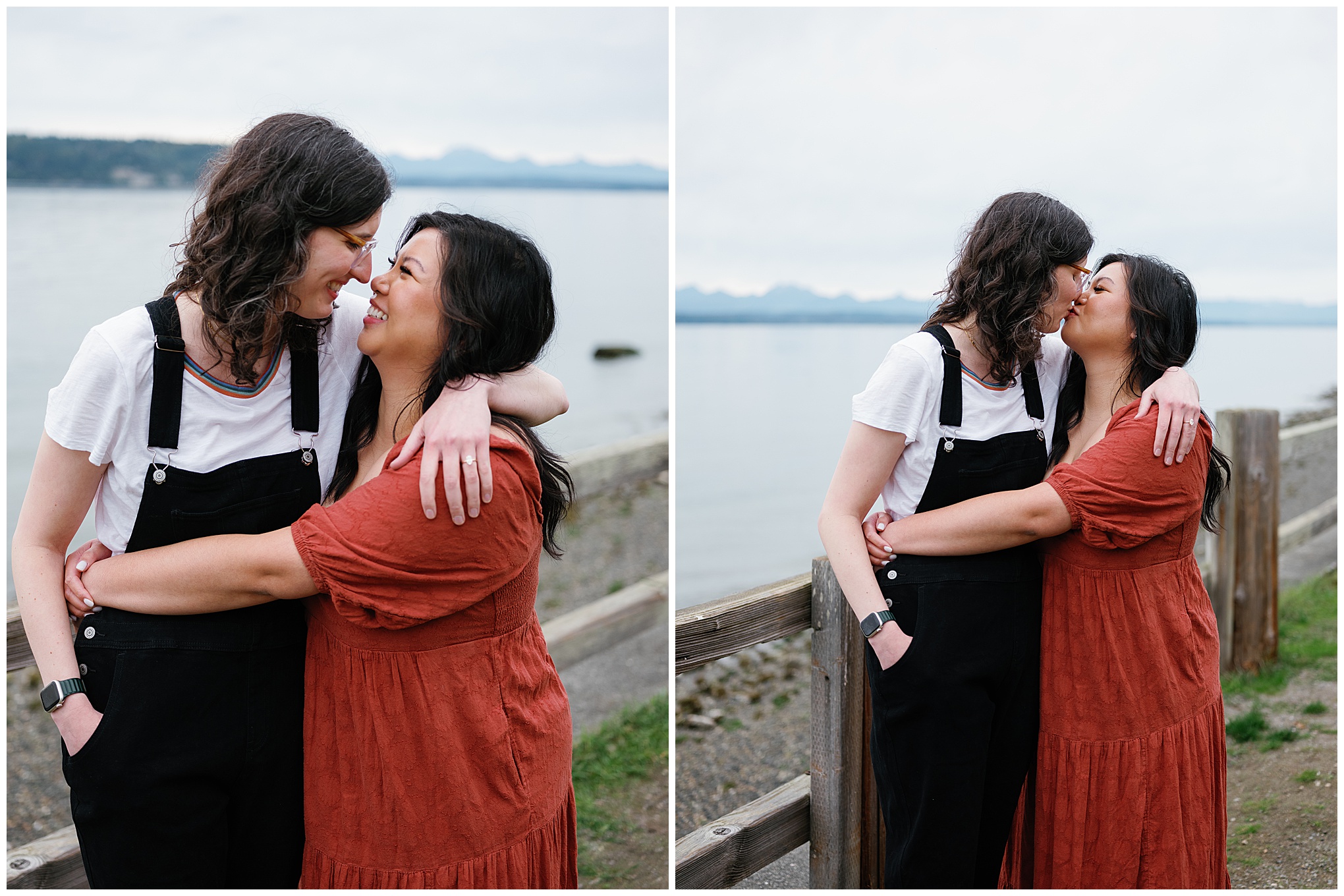 Couple embracing and smiling by the water