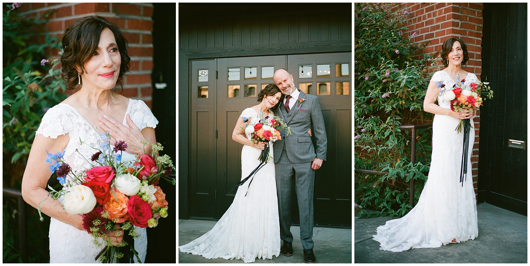 Bride and groom posing together with a vibrant bouquet.