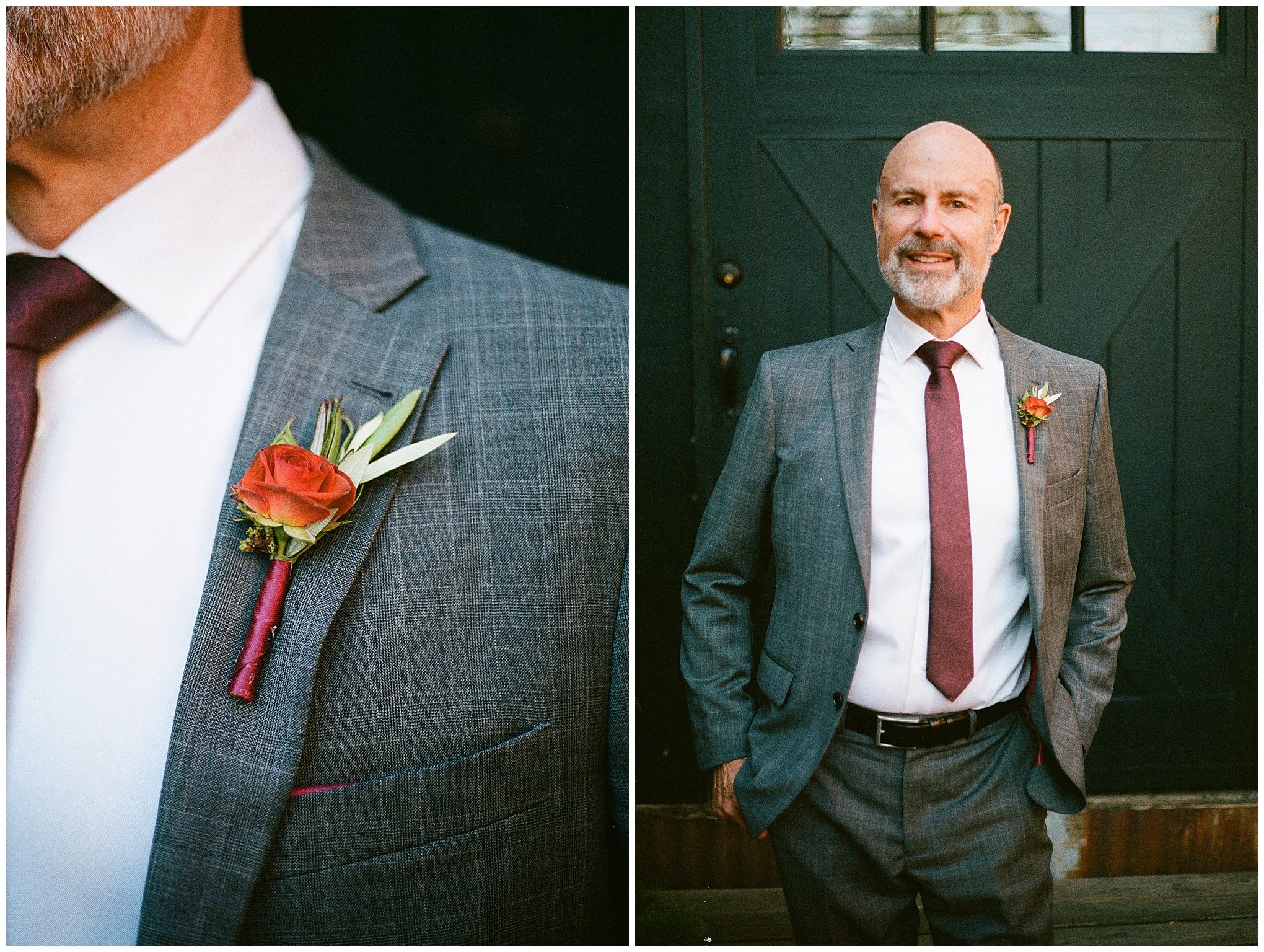 Close-up of groom with a vibrant boutonniere.