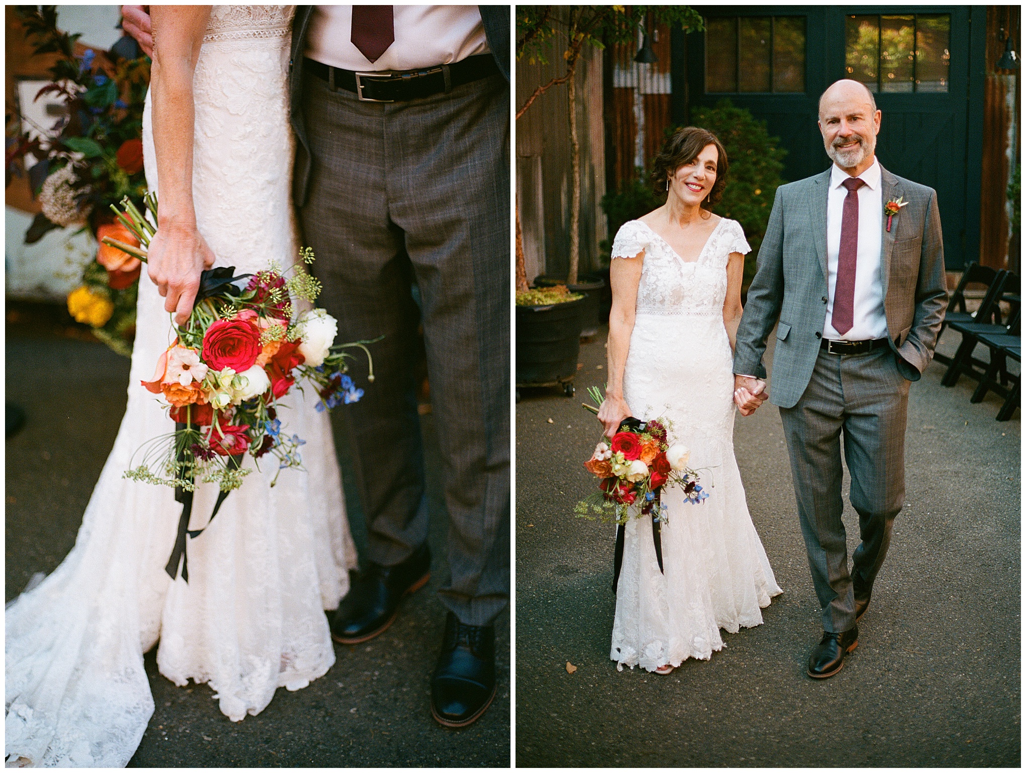 Bride and groom holding hands, bride holding bouquet.