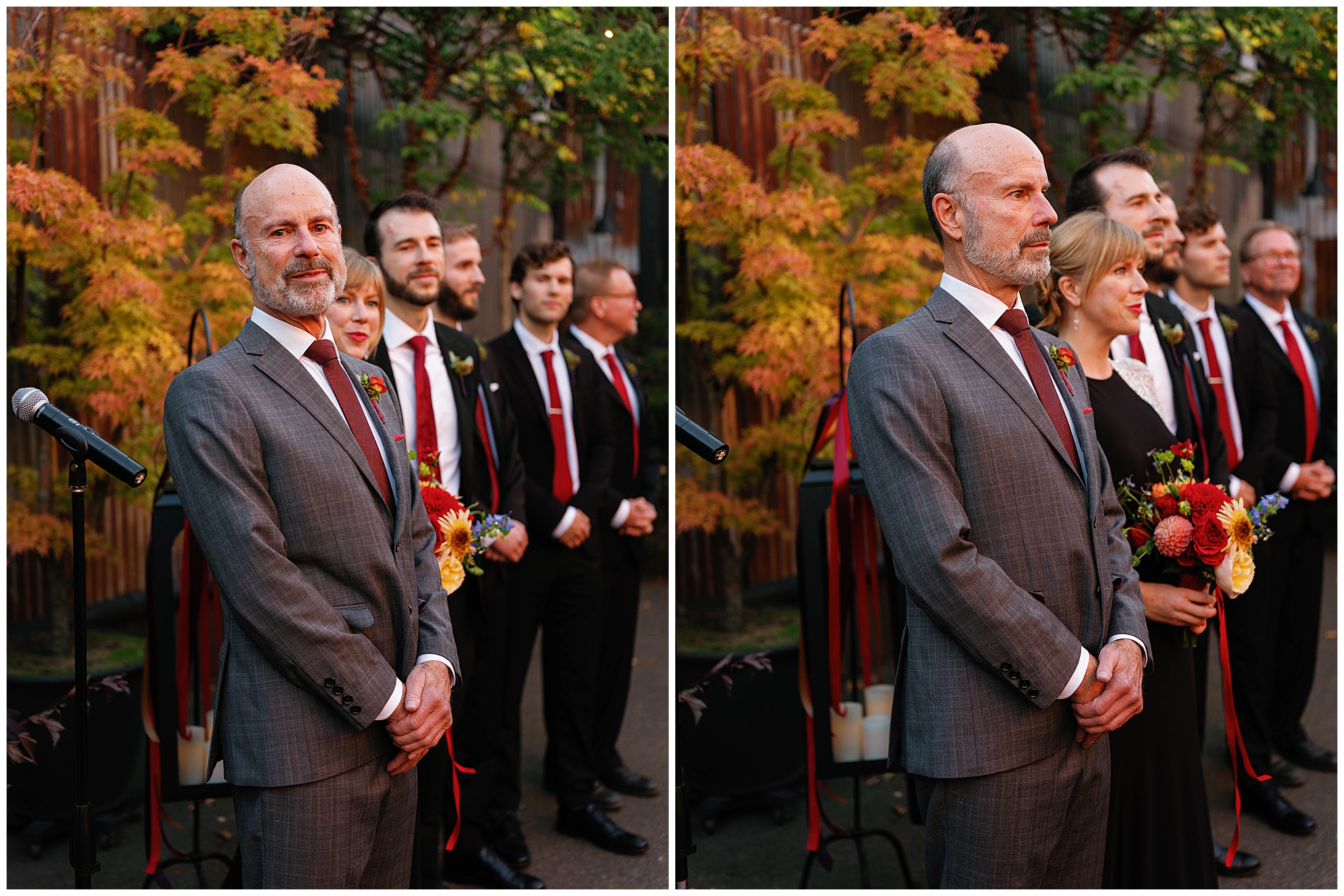 Groom standing with groomsmen, bride with bridesmaids.