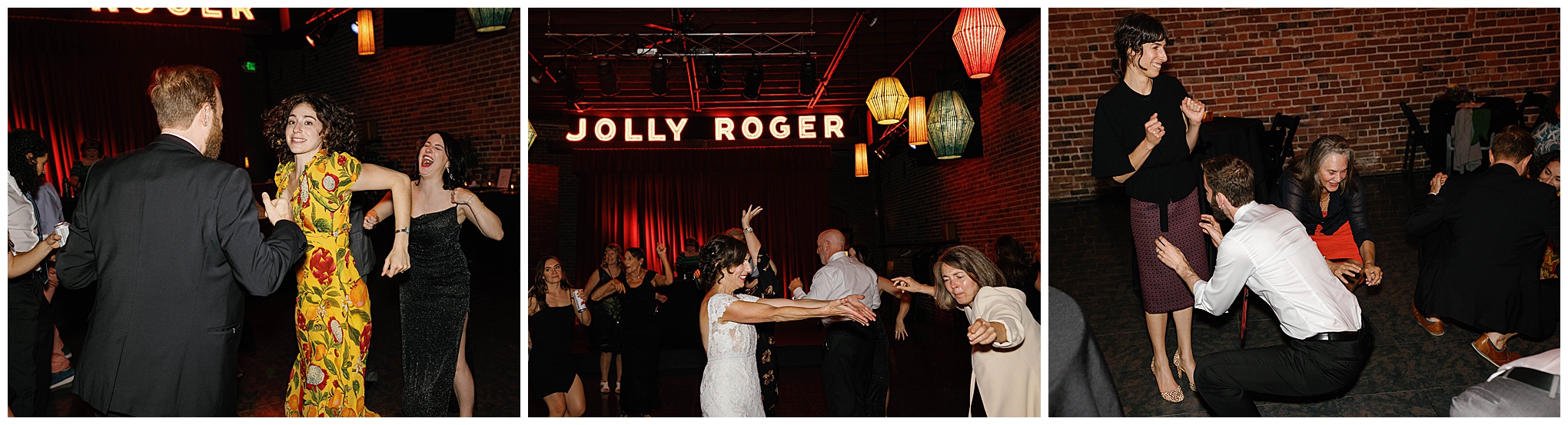 Wedding guests dancing energetically at the reception.