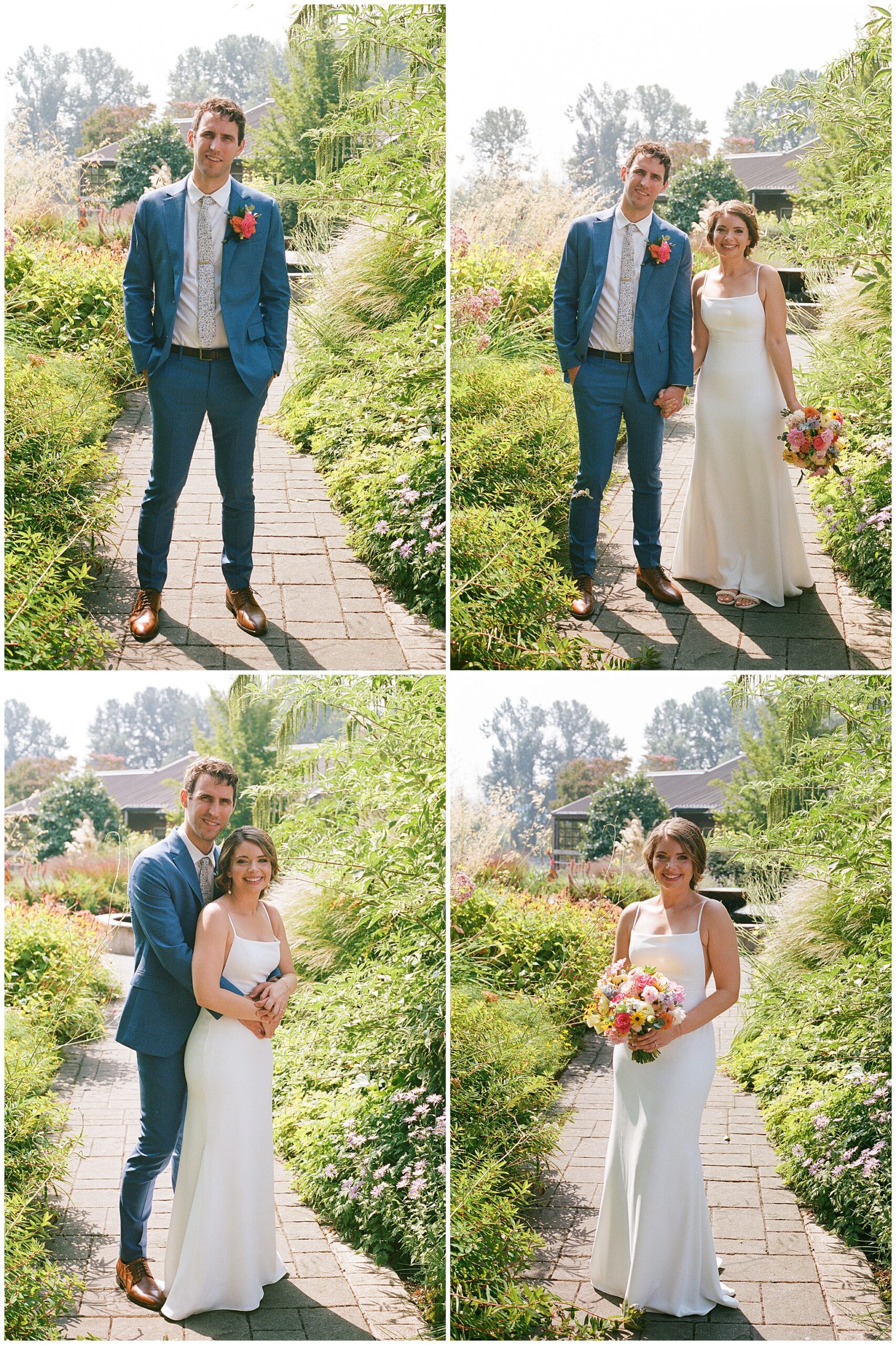 Bride and groom standing together in a garden path.