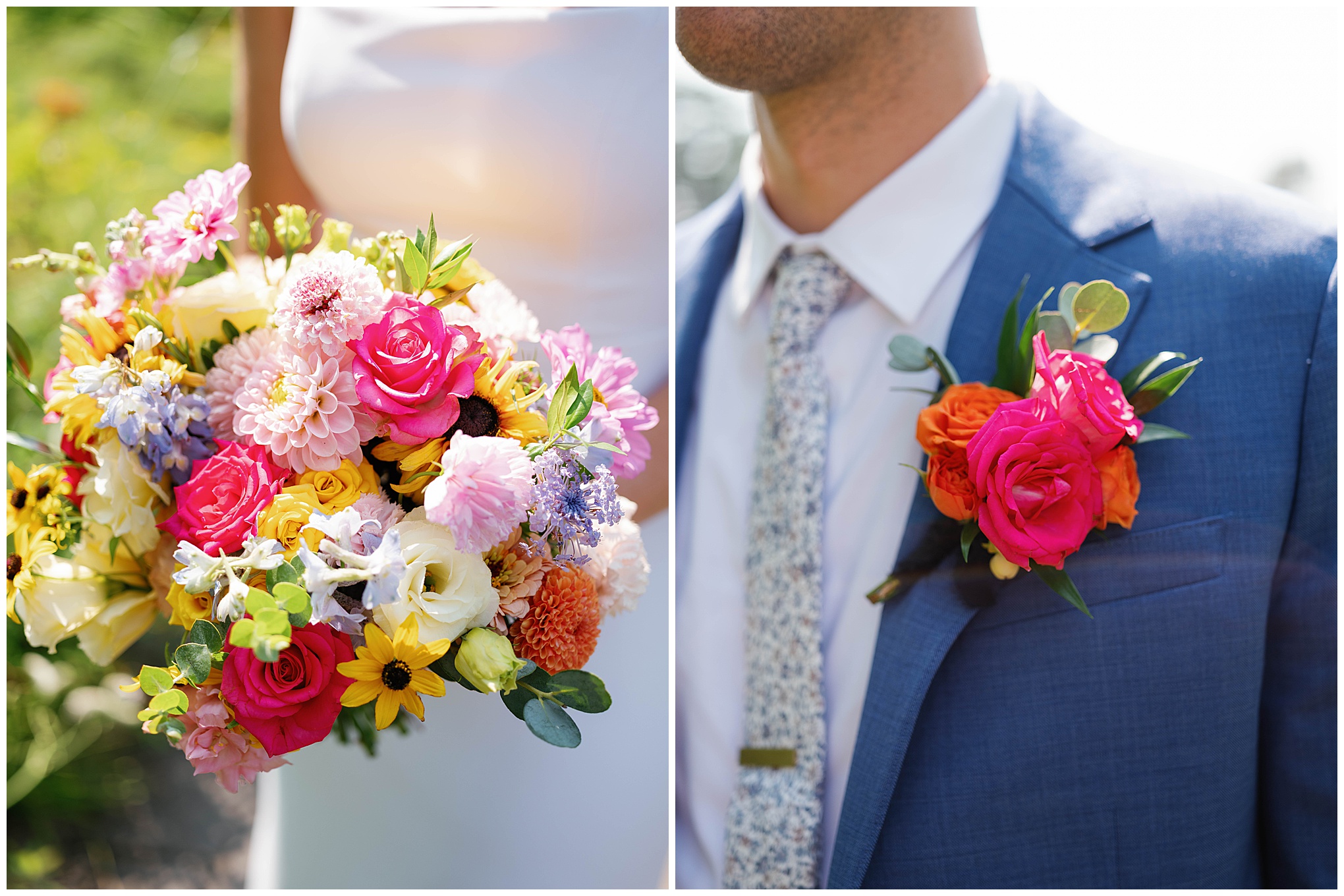 Close-up of bridal bouquet and groom's boutonniere.