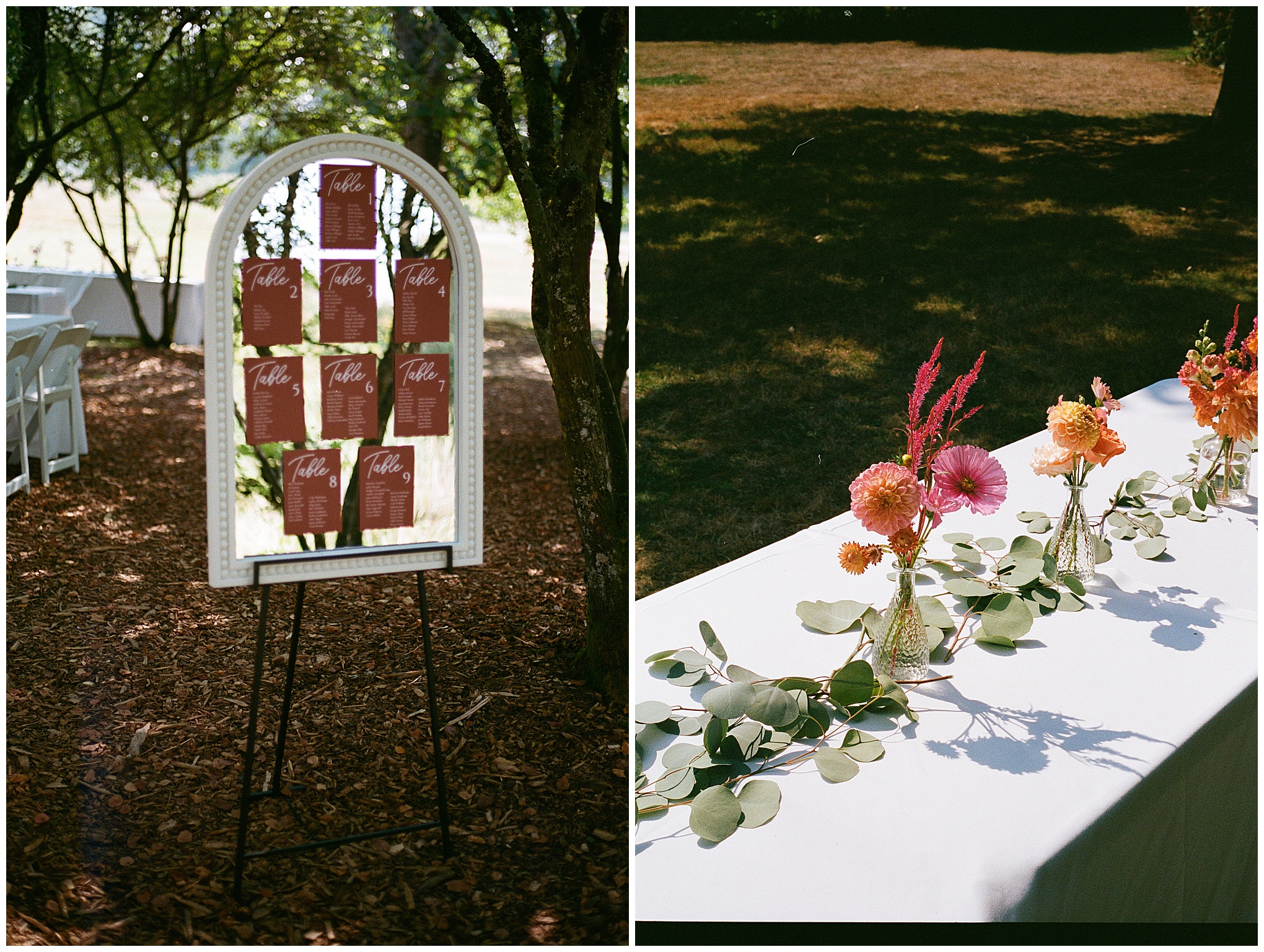 Floral details on a long reception table in the sun