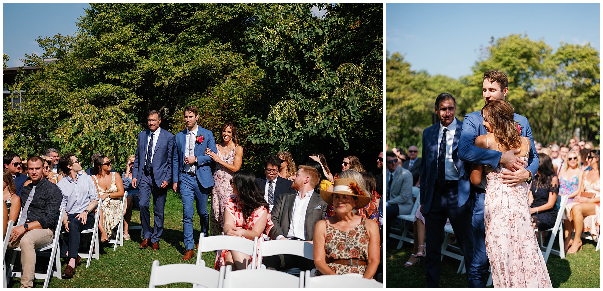 Wedding guests watch as groomsmen walk down the aisle at Grace and Chris's wedding ceremony at the Center for Urban Horticulture.