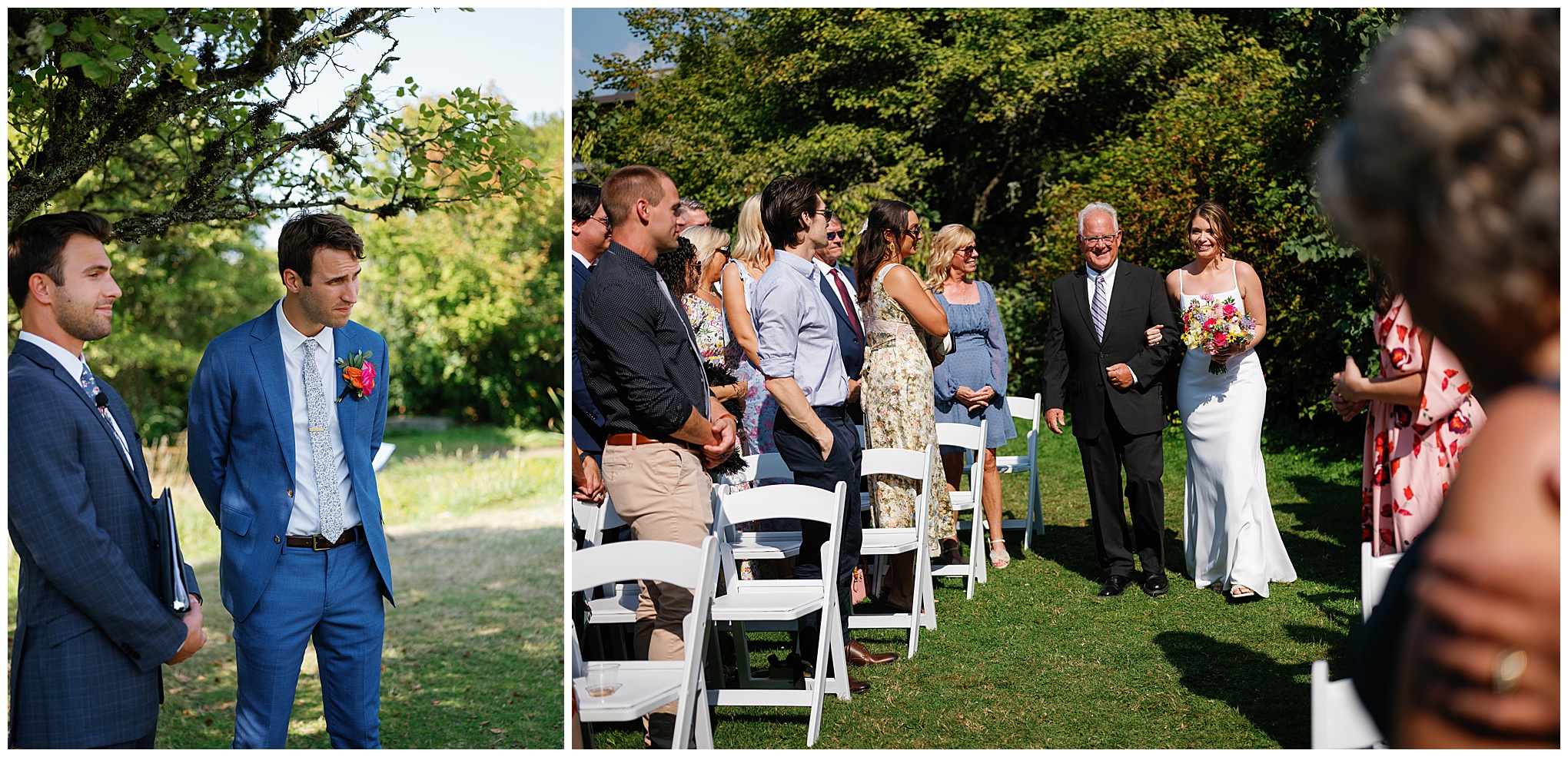 The bride walks down the aisle with her father while the groom waits with the officiant at Grace and Chris's wedding at the Center for Urban Horticulture.